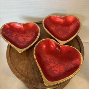 Set Of 3 Wooden Heart Shaped Red Jewelry /Trinket Trays /Bowls